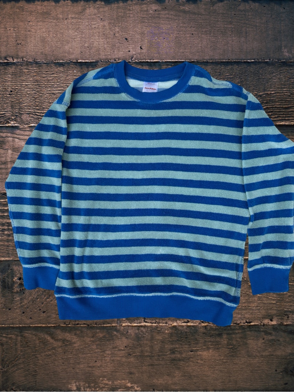 Hanna Andersson 70s Inspired  Kids 130 US 8 Striped Crewneck Sweatshirt Blue Aqu